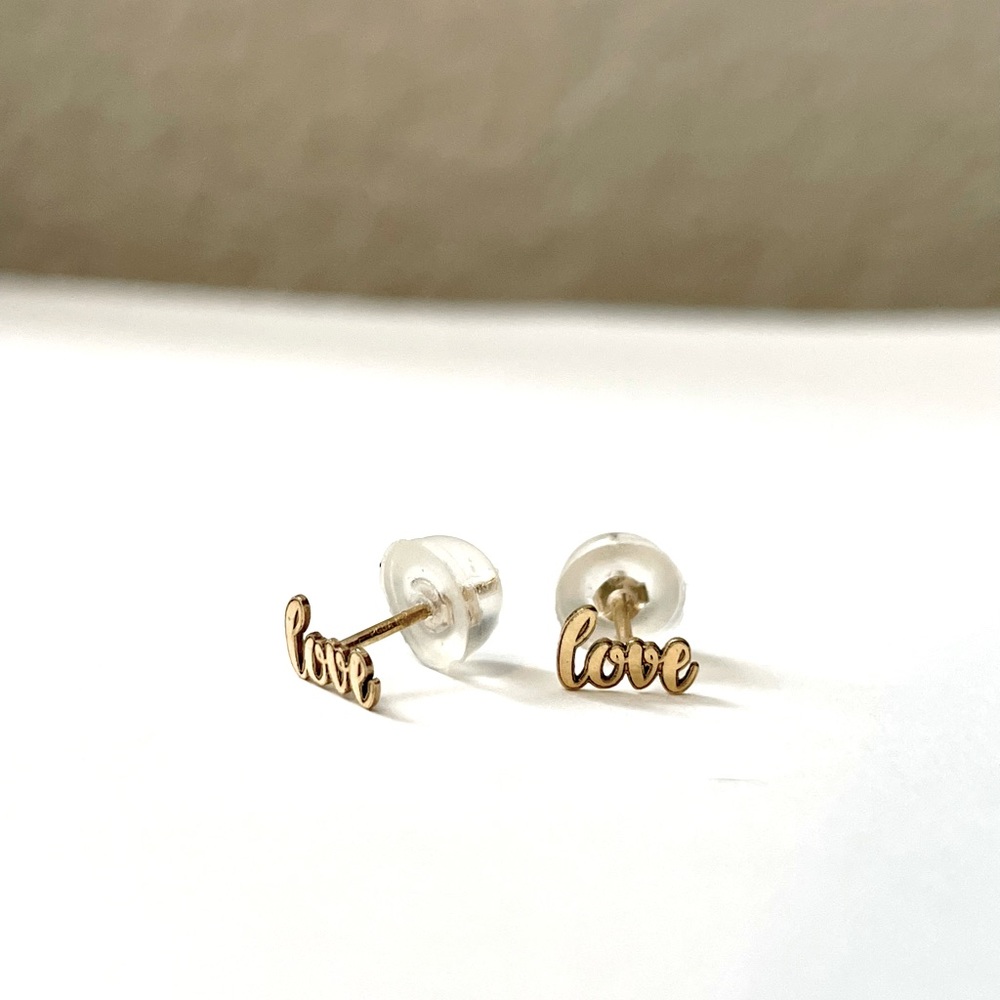 10K Yellow Gold Love Script Screw Back Earrings